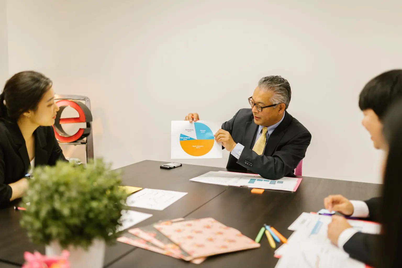 An Asian in-house team meeting around printed reports and charts.
