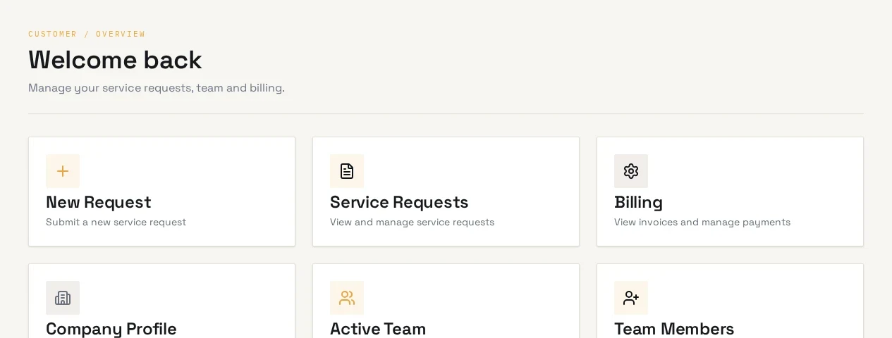 Sprint Labs customer portal dashboard with shortcuts to requests, team, billing and documents