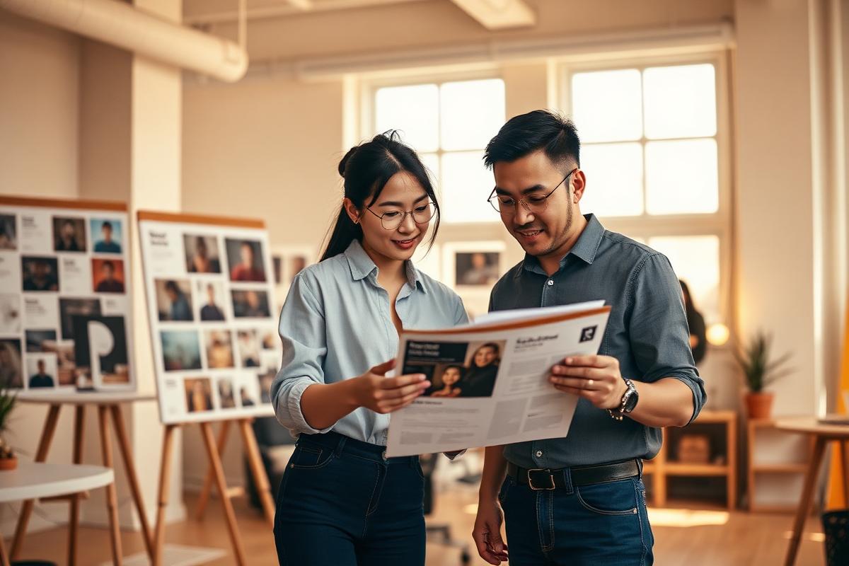 Designer and marketer reviewing a campaign layout in a creative studio
