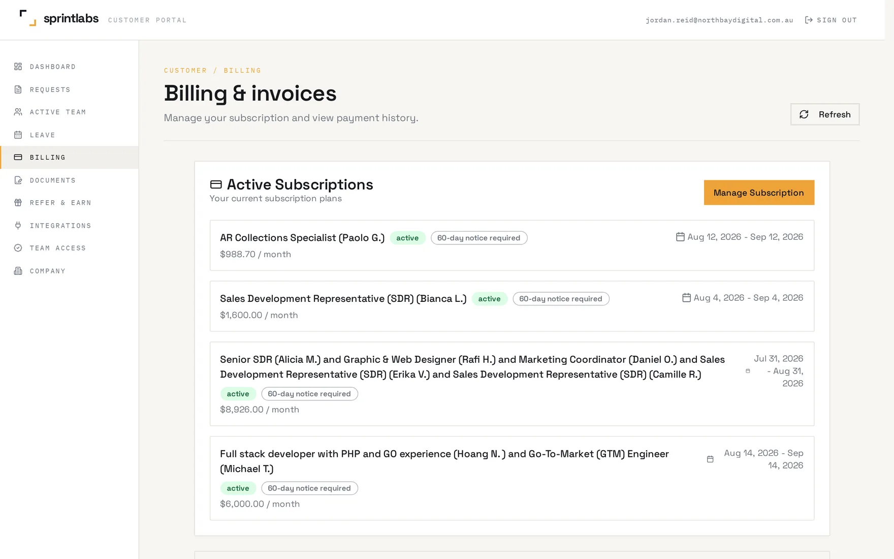 Billing and invoices screen showing active subscriptions and monthly cost per seat