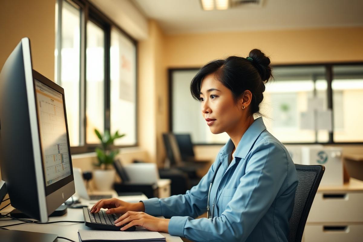 Healthcare administrator managing clinic scheduling from a modern office