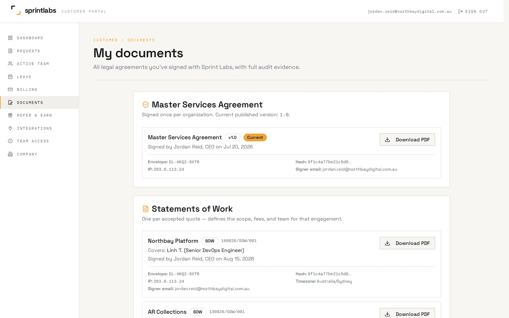 Documents screen showing signed Master Services Agreement and Statements of Work with audit evidence