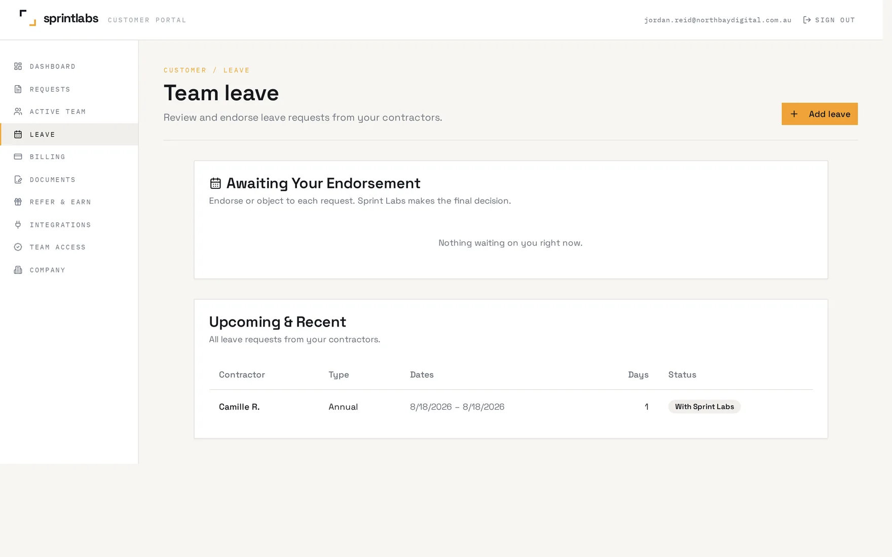 Team leave screen showing requests awaiting endorsement and upcoming time off