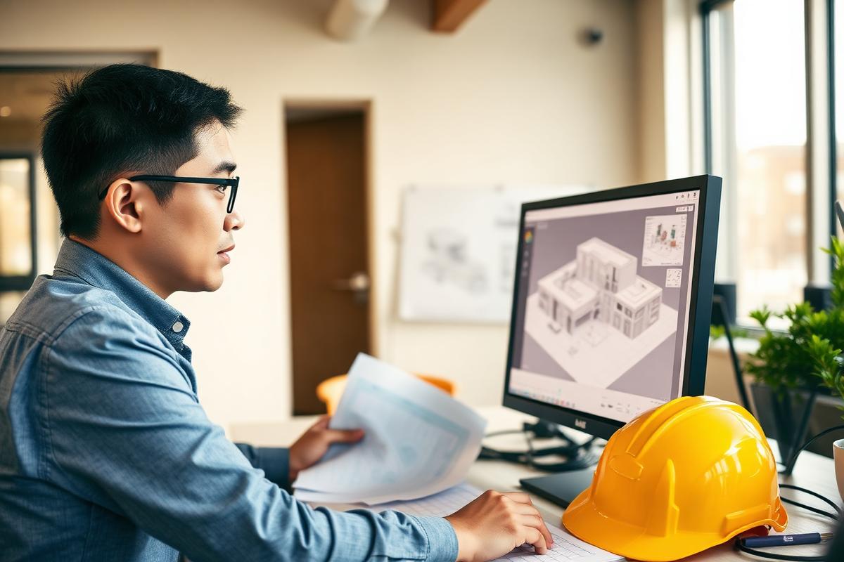 BIM engineer reviewing architectural plans and a digital building model