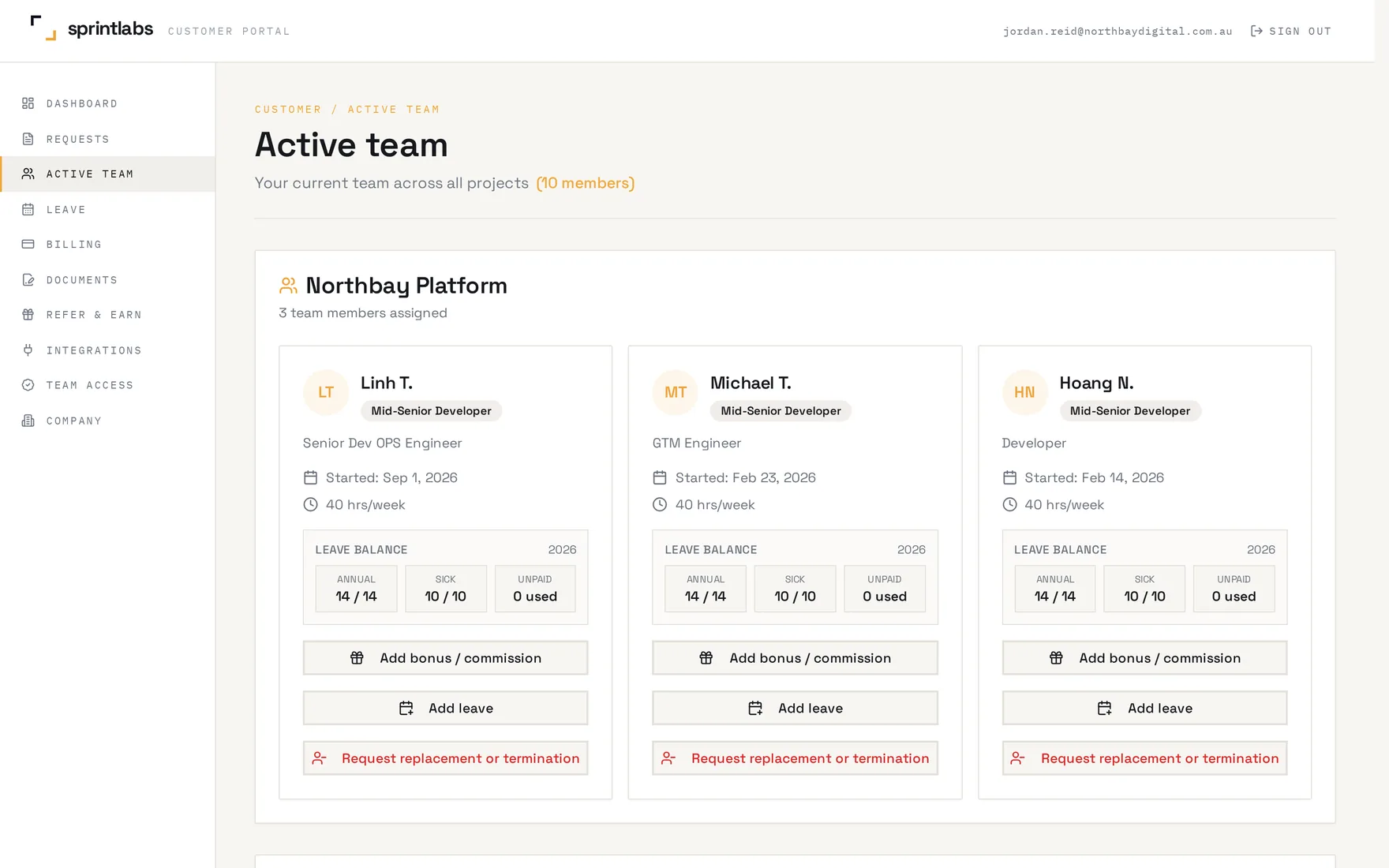 Active team screen showing offshore team members, start dates, hours and leave balances
