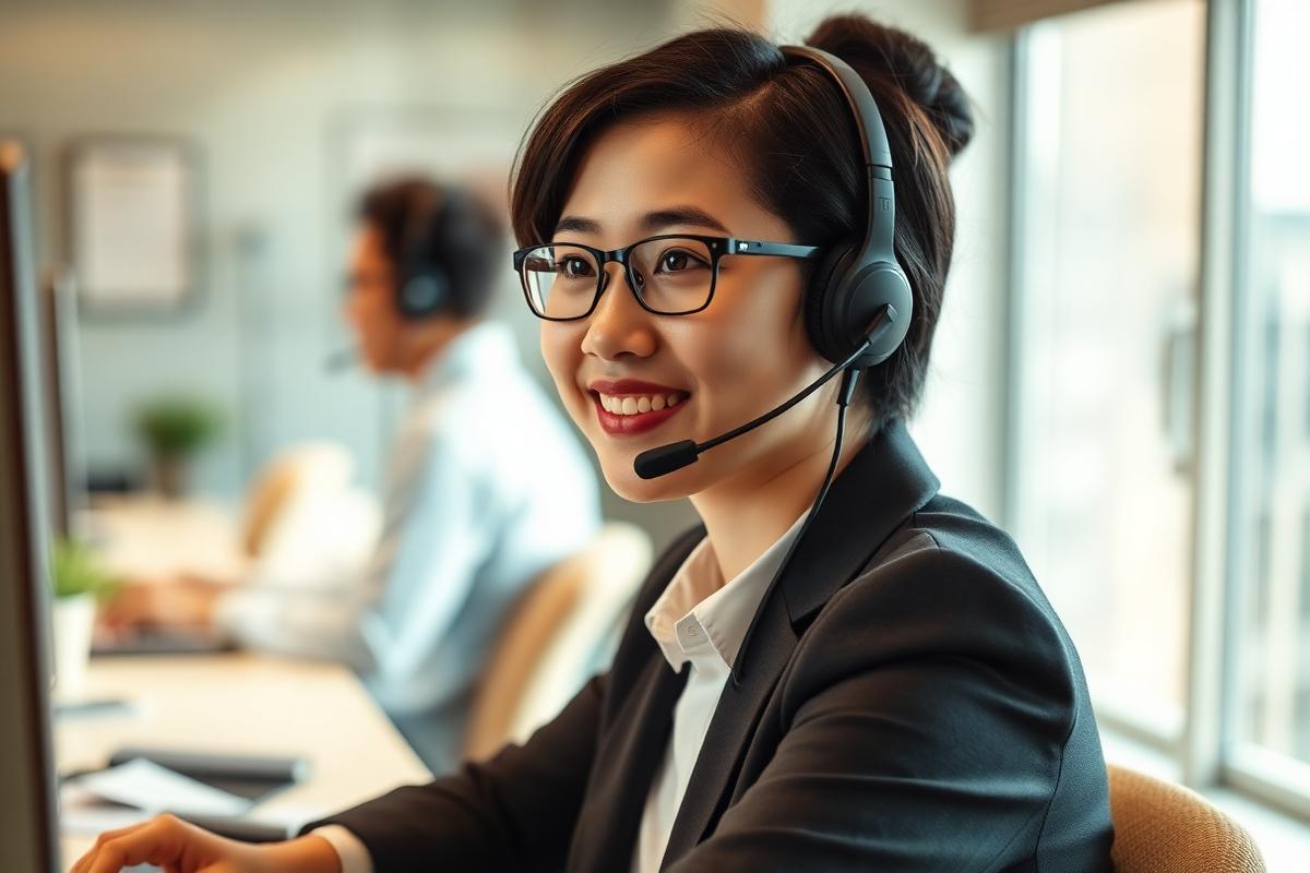 Customer support specialist assisting customers from a modern office
