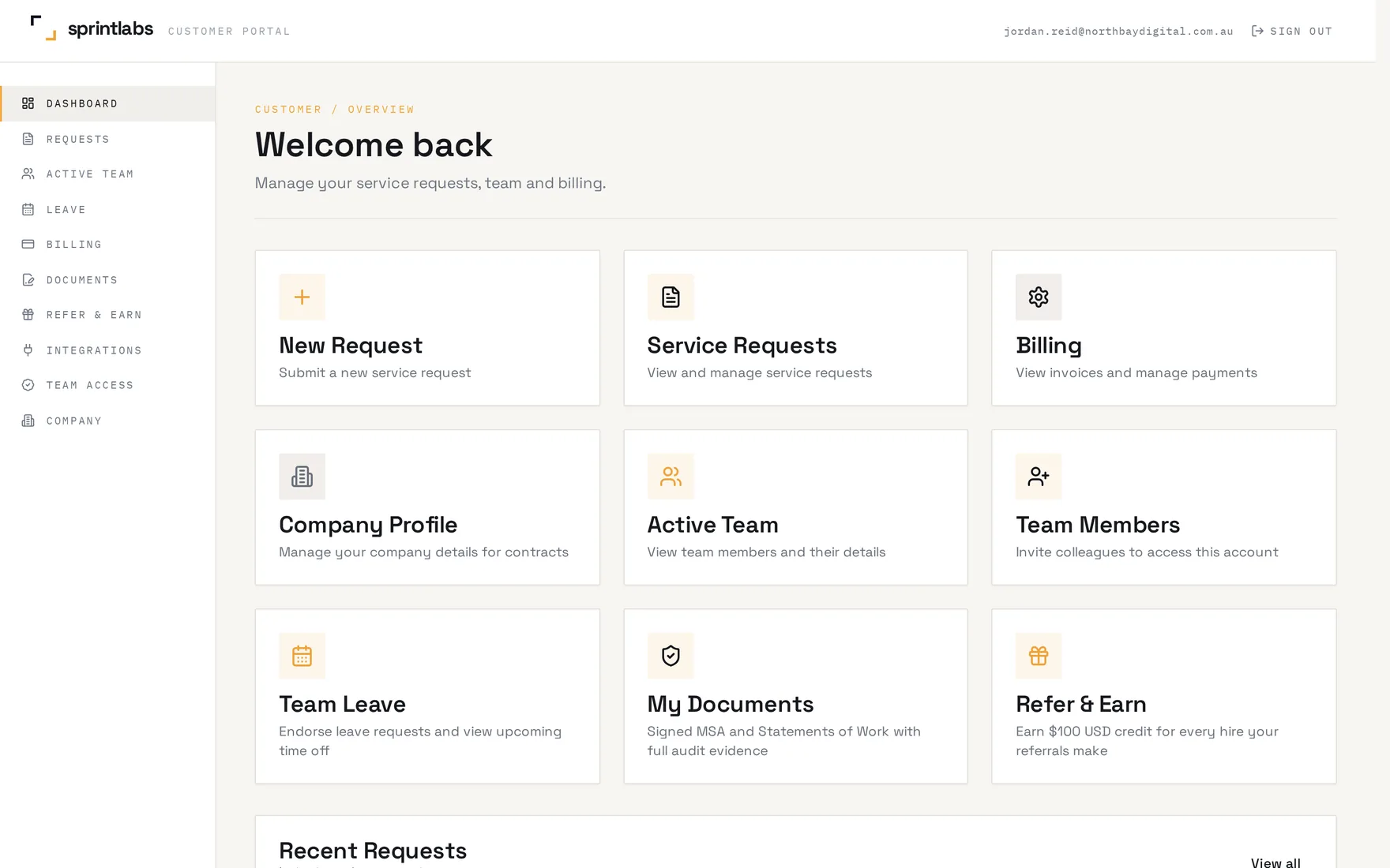 Sprint Labs customer portal dashboard with shortcuts to requests, team, billing and documents