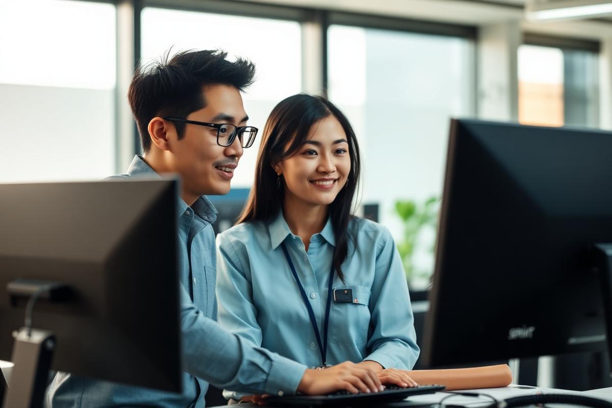 Asian professionals collaborating in a modern workplace
