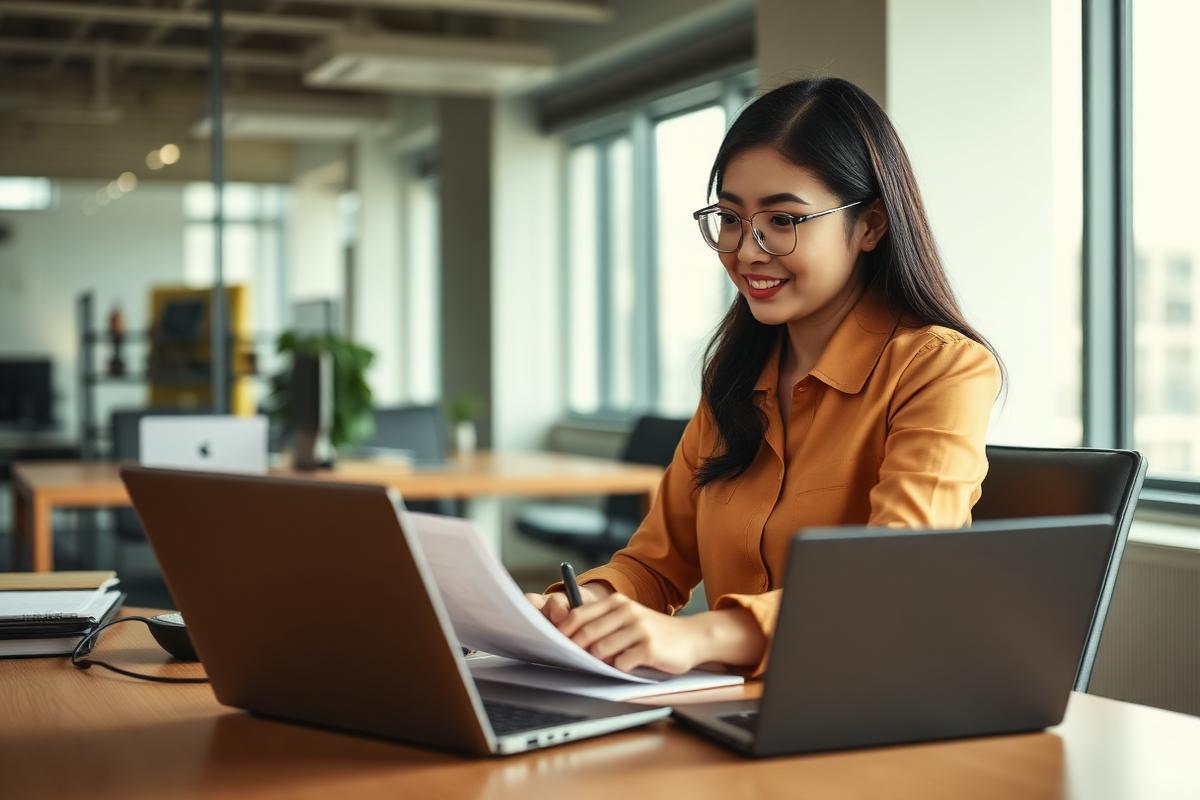 Accountant reviewing financial documents in a modern office