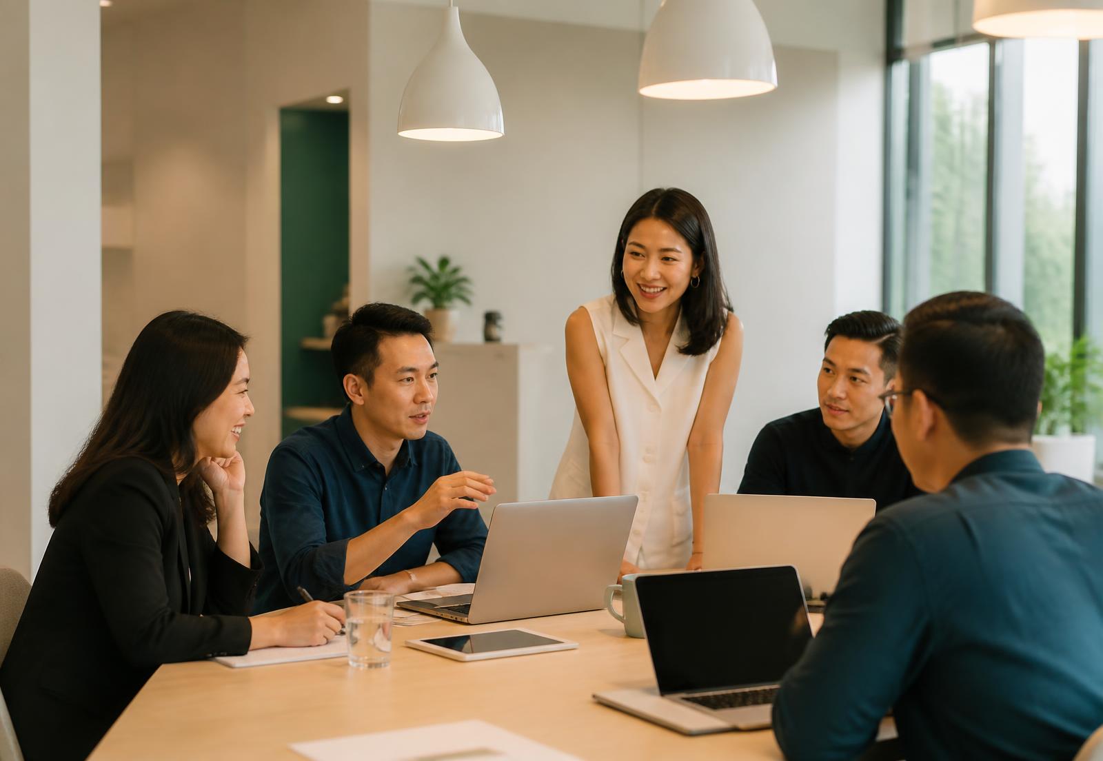 Asian professionals collaborating around a shared office table.