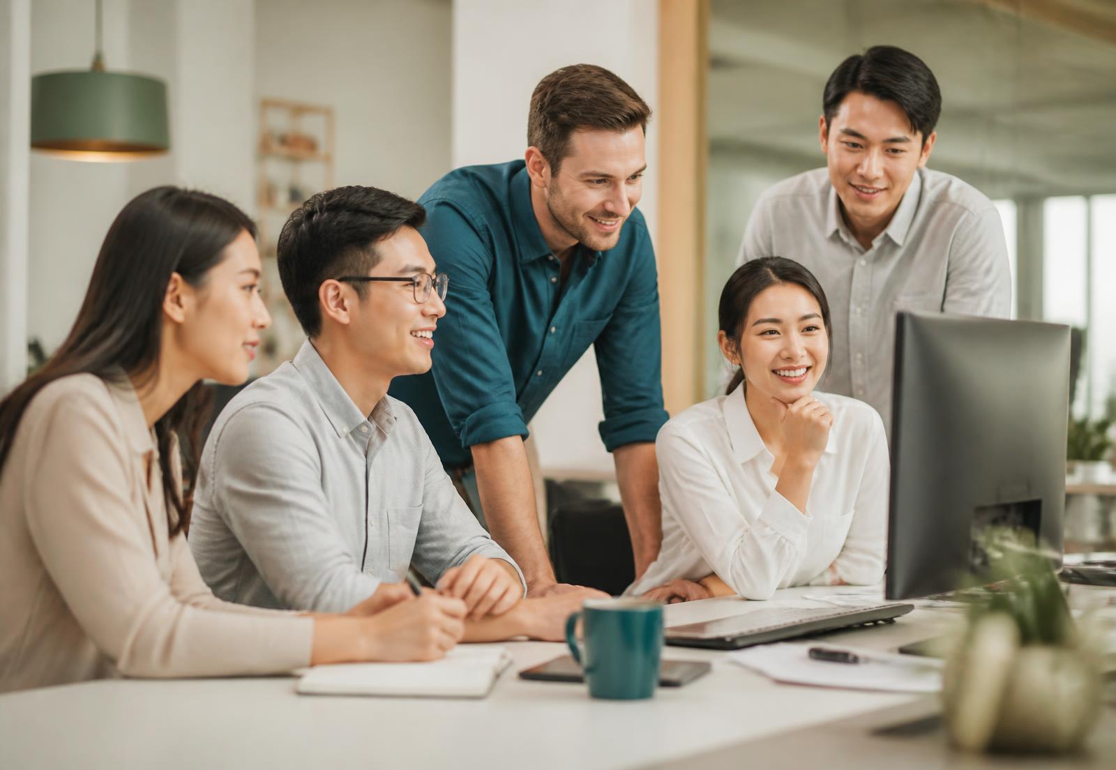 An integrated international team reviewing a project together in an office.