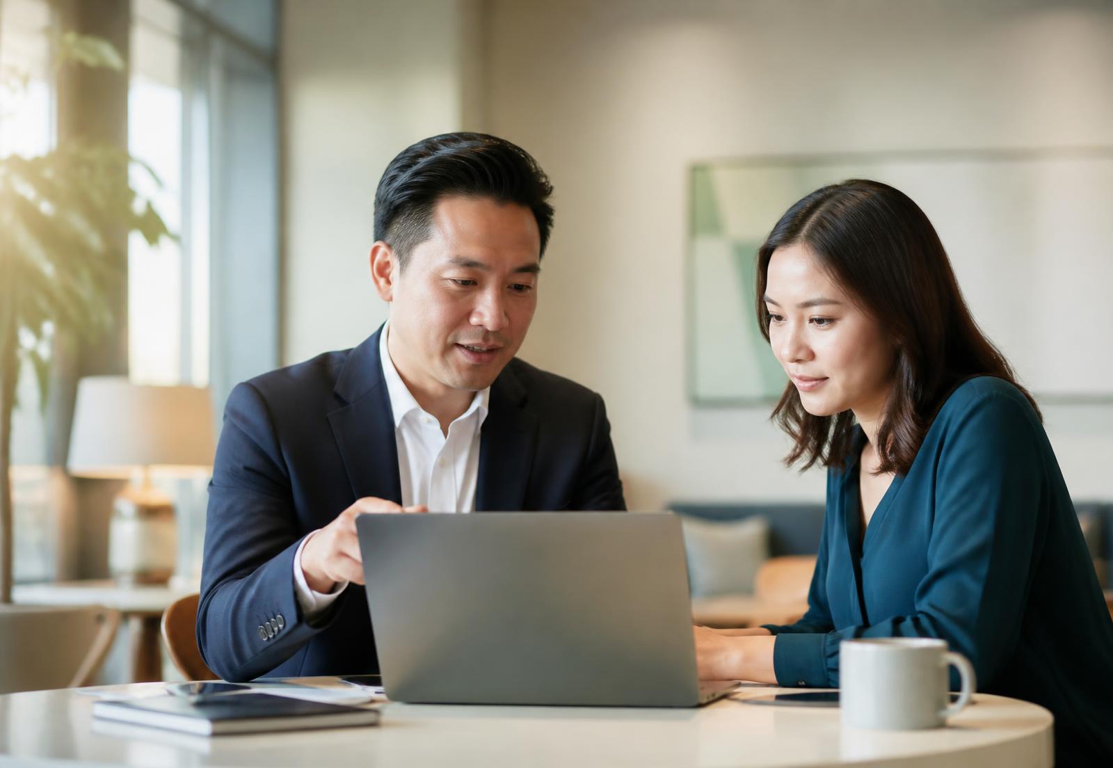 An assessor reviewing practical work with a candidate in an office.